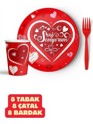 Baloncu Nene 8 Li Kalp Desenli Tabak Bardak Çatal Set Sevgili Özel Gün Doğum Günü Evlilik Teklifi Yıl Dönümü Süs