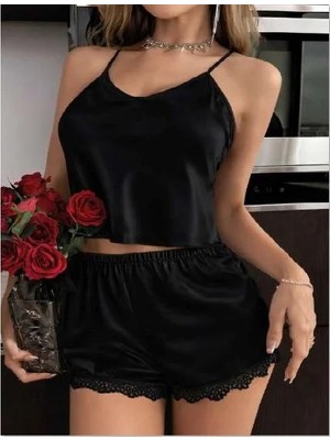 Aria's Closet Arias Closet Siyah Ince Askılı Dantel Işlemeli Saten Şortlu Takım