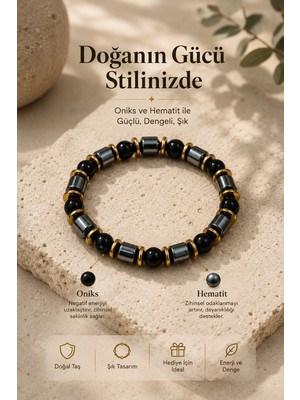 Lia Charm Doğal Oniks ve Hematit Taşlı Bileklik - Altın Detaylı Enerji ve Denge Bilekliği