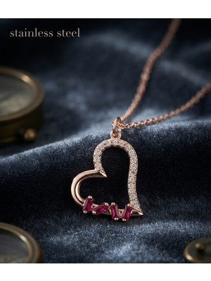 Stainless Steel Rose Renk Zincirli Fuşya Renk Baget Zirkon Taşlı Çelik Kolye
