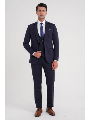 Efor Slim Fit Çift Yırtmaç %97 Yünlü Doku Desenli Esnek Lacivert Yelekli Takım Elbise TK 927