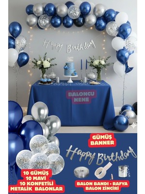 Baloncu Nene Happy Bırthday Yazısı ve Gümüş Konfetili 30 Adet Mavi Gümüş Balon Parti Konsepti Doğum Günü Süsleme