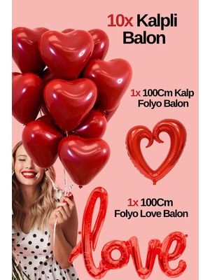 Baloncu Nene 10 Kırmızı Kalpli Balon Love ve Büyük Kalpli  Folyo Balon  Helyum Uyumlu Sevgililer Günü Yıl Dönümü