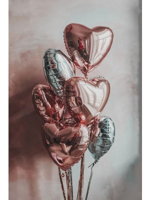 Baloncu Nene Rose Gold Gümüş Helyum Uyumlu 10 Adet Kalp Sevgili Süpriz Süsleme Doğum Günü Süs Evlilik Teklifi