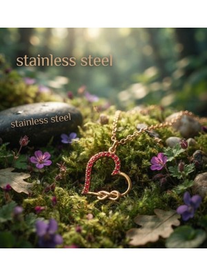 Stainless Steel Gold Renk Sonsuzluk Kalp Tasarım Fuşya Zirkon Taşlı Çelik Kolye