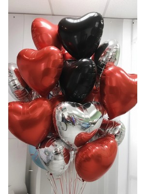 Baloncu Nene Kırmızı Siyah ve Gümüş Kalpli Folyo Balon Helyum 10 Adet Kalp Sevgili Süs Doğum Günü Evlilik Teklifi