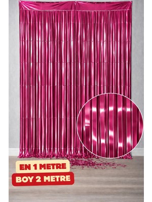 Baloncu Nene Metalik Koyu Pembe Folyo Saçak Perde 1x2 Metre Doğum Günü Parti Arka Fon Süsü