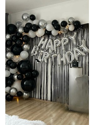 Baloncu Nene Happy Birthday Folyo Set Siyah Beyaz Gümüş Balon Parti Doğum Günü Süsleme Seti