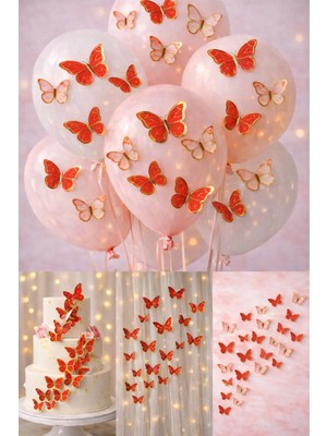 Baloncu Nene 63 Adet Kırmızı 3D Kelebek Süs Seti 4-6 cm Yapışkan Dahil Balon Pasta Duvar Dekoru
