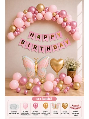 Baloncu Nene Kelebek Temalı Pembe Gold Doğum Günü Balon Süsleme Seti – 80 cm Folyo Kelebekli