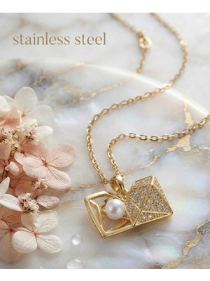 Stainless Steel 316L Çelik Zincir Gold Renk Zirkon Taşlı Açılır Incili Elmas Model Kolye