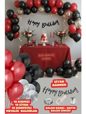 Baloncu Nene Siyah Happy Bırthday Yazısı Gümüş Konfetili 30 Adet Siyah Kırmızı Balon Parti Doğum Günü Konsepti