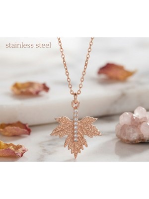 Stainless Steel Rose Renk Zirkon Taşlı Çınar Yaprağı Model Çelik Kolye