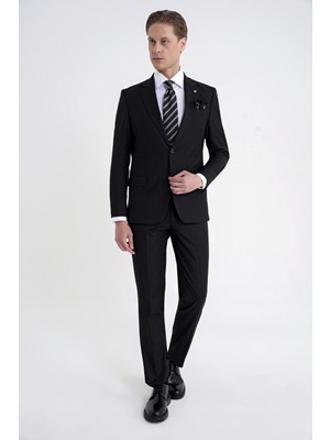 Efor Erkek Slim Fit Mono Yaka Esnek Yünlü Siyah Çizgili Takım Elbise Tk 942