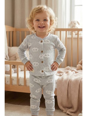 Mini & Sweet Bebek Pamuklu Bulut Desenli Düğmeli Alt Üst Pijama Günlük Takımı