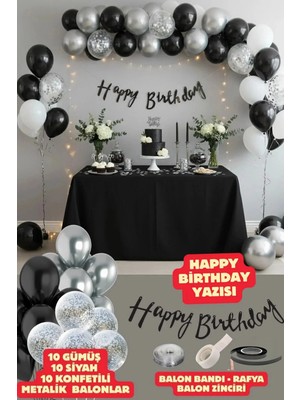 Baloncu Nene Happy Bırthday Yazısı Gümüş Konfetili 30 Adet Siyah Gümüş Balon Parti Konsepti Doğum Günü Seti Süs