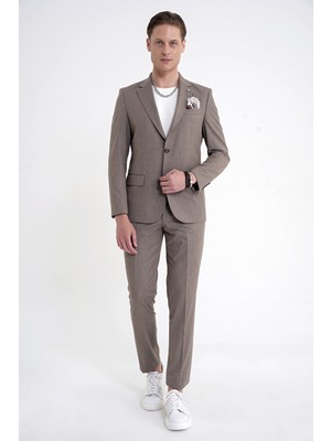 Efor Slim Fit Mono Yaka Esnek Yünlü Bej Çizgili Takım Elbise Tk 942