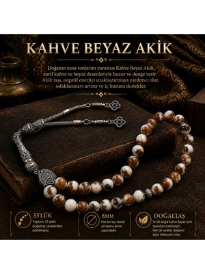 Lia Charm Doğal Taş Kahve Beyaz Akik Tesbih - 33'lü 8mm Işlemeli Gümüş Püsküllü Erkek Tesbih