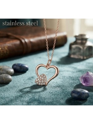 Stainless Steel Rose Renk Kalp Tasarım Zirkon Taşlı Kararmaz Çelik Kolye