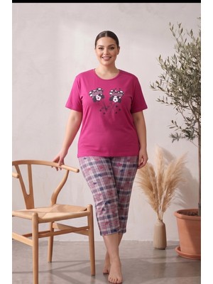Farya Home Büyük Beden Pamuklu Desenli Kısa Kollu Bermuda Kapri Pijama Takımı