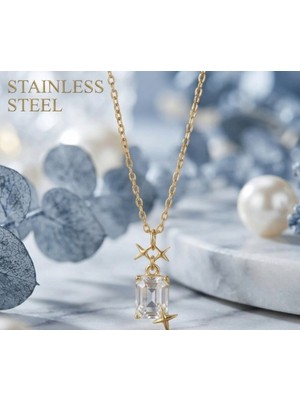 Stainless Steel Gold Renk Baget Şeffaf Taş Yıldız Model Kararmaz Çelik Kolye