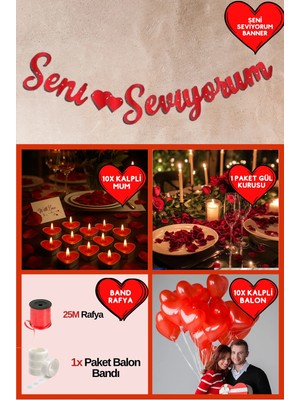 Baloncu Nene Kırmızı Seni Seviyorum Banner Kalpli Balon Mum Gül ve Kalpli Mum Sevgililer Günü Özel Gün Yıl Dönümü