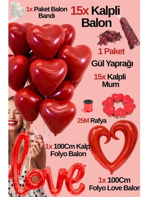 Baloncu Nene 15 Kırmızı Kalpli Balon Seti Love ve Büyük Kalpli  Folyo Balon 15 Kalpli Mum Helyum Uyumlu Sevgili