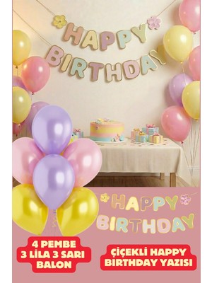Baloncu Nene Renkli Çiçekli Happy Birthday Yazısı Balon Seti Sarı Lila Pembe Balon Doğum Günü Parti Süsleri