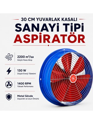 Badem10 30 cm Sanayi Tipi Aspiratör Fan 2200 M³/sa 220 V Monofaze Yuvarlak Metal Kasalı 130 W IP44