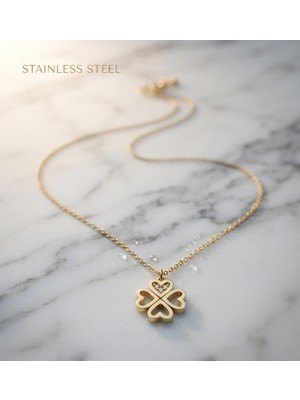 Stainless Steel 316L Çelik Zincir Gold Renk A Kalite Zirkon Taşlı Dört Yaprak Şans Yoncası Kolye