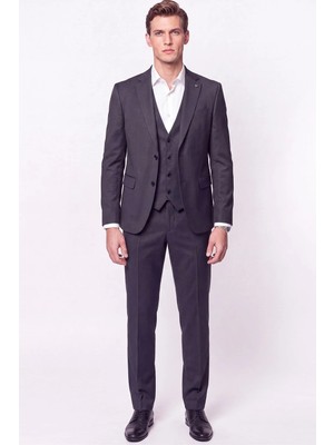 Efor Slim Fit Çift Yırtmaç %97 Yünlü Doku Desenli Esnek Antrasit Yelekli Takım Elbise Tk 927