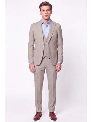 Efor Erkek Slim Fit Çift Yırtmaç %97 Yünlü Doku Desenli Esnek Bej Yelekli Takım Elbise TK 927