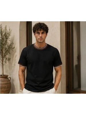 ribana Erkek Kısa Kollu Bisiklet Yaka  Şerit Detaylı Düz Renk T-Shirt 4224