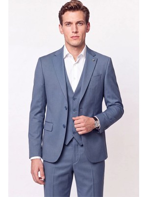 Efor Slim Fit Çift Yırtmaç %97 Yünlü Doku Desenli Esnek Mavi Yelekli Takım Elbise Tk 927
