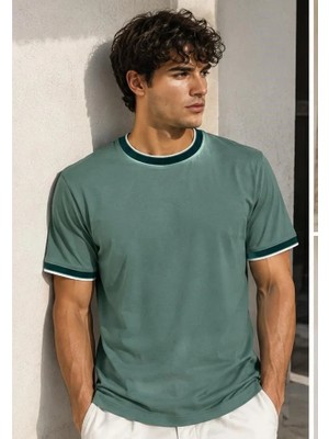 ribana Erkek Kısa Kollu Bisiklet Yaka  Şerit Detaylı Düz Renk T-Shirt 4224