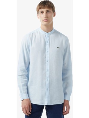Lacoste Men's Regular Fit Button-Down Collar Linen Shirt Erkek Düğmeli Hakim Yaka Keten Gömlek Mavi