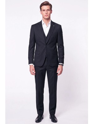 Efor Slim Fit Mono Yaka Yünlü Yelekli Siyah Takım Elbise Tk 943