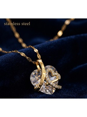 Stainless Steel 316L Çelik Zincir Gold Renk Parlak Açık Buz Mavisi Kalp Taş Kolye