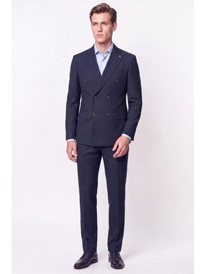 Efor Slim Fit Çift Yırtmaç %95 Pamuk Sık Çizgili Lacivert Kruvaze Takım Elbise Tk 944