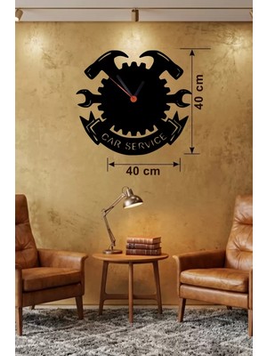 Uravas Store Mey Ithalat® Car Service Temalı Ahşap Duvar Saati - 40X40 cm Teknik Servis Dekoru