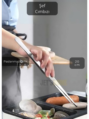 Jet's Home Düz Uçlu Şef Cımbızı Paslanmaz Dekor Cımbızı Çelik Mutfak Cımbızı Maşa 20 cm