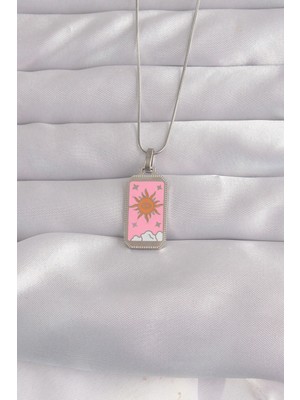 Marsilyan 316L Çelik Gümüş Renk Pembe Mineli Güneş Model Tarot Kolye 5886