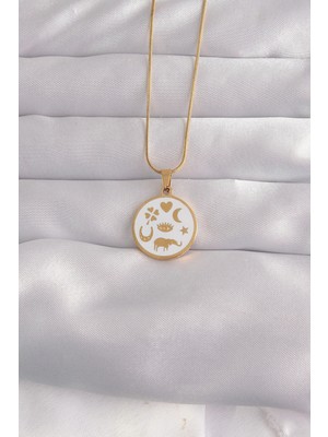 Marsilyan 316L Çelik Gold Renk Beyaz Mineli Karışık Figürlü Tarot Kolye 5886