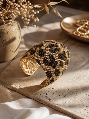 Lia Charm Lüks Leopar Desenli Taşlı Gold Kelepçe Bileklik – Işıltılı Kadın Bileklik