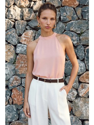 Sateen Halter Yaka Bluz - Pudra