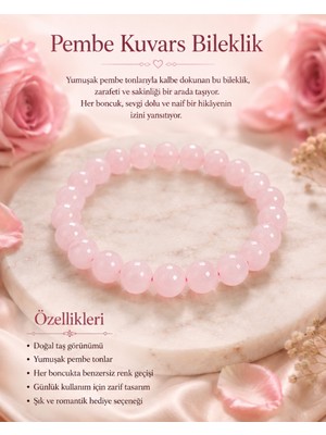 Lia Charm Tasarım El Yapımı Doğal Taş Pembe Kuvars Kadın Bileklik