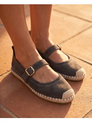 Futsi Shoes Coral Gri Hakiki Deri Toka Detaylı Kadın Espadril Ayakkabı
