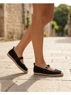 Futsi Shoes Coral Siyah Hakiki Deri Toka Detaylı Kadın Espadril Ayakkabı