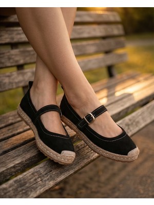 Futsi Shoes Coral Siyah Hakiki Deri Toka Detaylı Kadın Espadril Ayakkabı