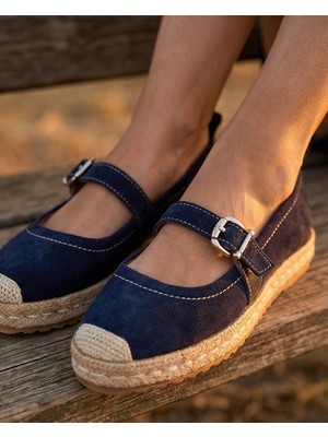 Futsi Shoes Coral Lacivert Hakiki Deri Toka Detaylı Kadın Espadril Ayakkabı
